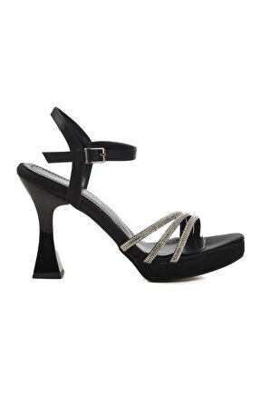 Ayakmod 448186 Z Siyah Saten Taşlı Kadın Topuklu Ayakkabı Düğün Nişan Ayakkabısı