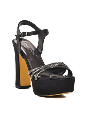 Ayakmod 655413 Z Siyah Saten Platform Topuk Kadın Topuklu Ayakkabı
