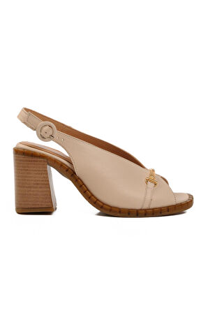 Bej Hakiki Deri Kadın Topuklu Sandalet 2511902Y Z