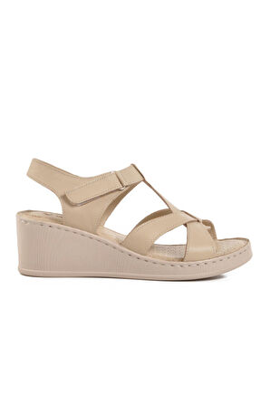 9200 Z Bej Hakiki Deri Kadın Anatomik Sandalet
