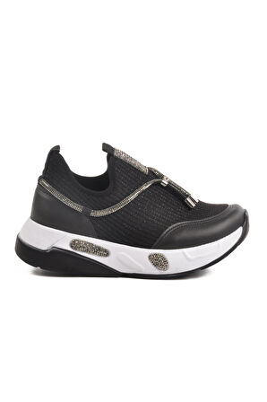 702498 Z Siyah-Beyaz Kadın Taşlı Günlük Ayakkabı