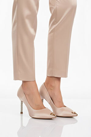 Ayakmod 357191 Z Bej Saten Kadın Taşlı Topuklu Ayakkabı