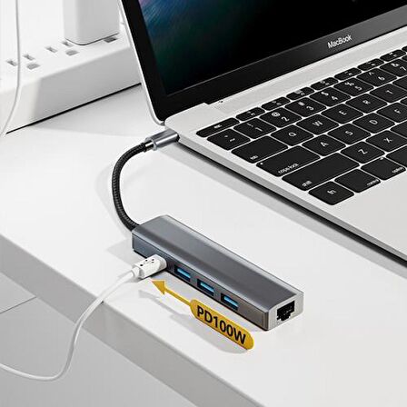 Coofbe Pd 100W 5in1 Type-C HUB RJ45 Type-c Dönüştürücü Çoğaltıcı USB3.0 Çoğaltıcı Ethernet Dönüştürücü