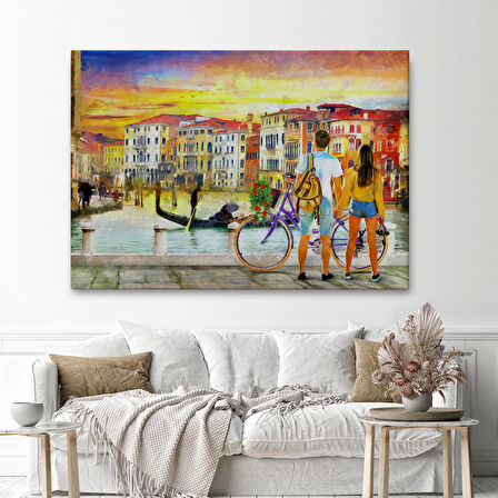 Venedik Kanalına Bakan Romantik Çift Yağlıboya Görünüm Kanvas Tablosu-3625