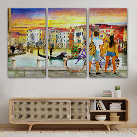 Venedik Kanalına Bakan Romantik Çift Yağlıboya Görünüm Kanvas Tablosu-3625