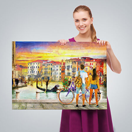 Venedik Kanalına Bakan Romantik Çift Yağlıboya Görünüm Kanvas Tablosu-3625