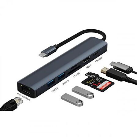 Coofbe Pd 100W 7in1 Type-C HUB RJ45 HDMI Kart Okuyucu Type-c Dönüştürücü Çoğaltıcı USB3.0 Çoğaltıcı