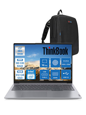 Lenovo Thinkbook 16 G6 Irl Intel Core I5 13420H 80GB 512GB SSD 16" Wuxga 300NITS IPS Freedos Taşınabilir Bilgisayar 21KH00SXTRF26 + Zetta Çanta