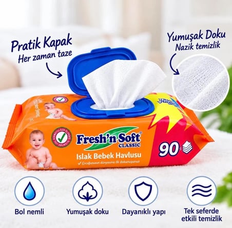 Fresh’n Soft Classic Islak Bebek Havlusu 90 Yaprak x 5 Paket – 450 Yaprak