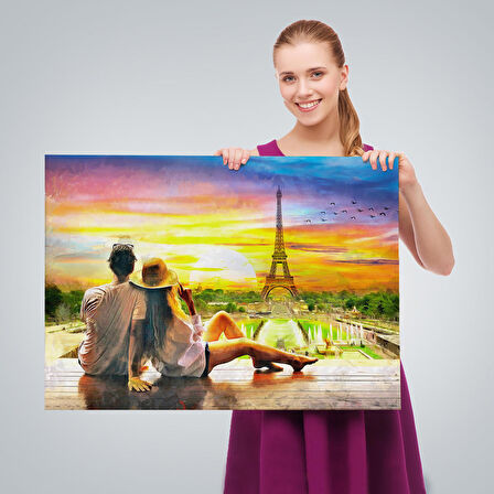 Paris Eyfel Kulesini Seyreden Romantik Çift Kanvas Tablo-3627