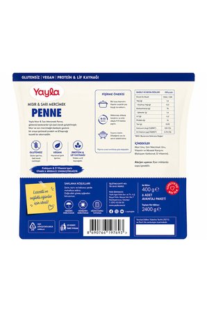 Yayla Glutensiz Mısır & Sarı Mercimek Penne Makarna 400 Gr x 6’lı Avantaj Paketi | Protein & Lif Kaynağı