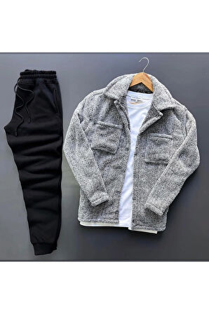 Unisex Gri Peluş Polar Hırka Gömlek Siyah Eşofman Altı ( Tişört Dahil Değildir)