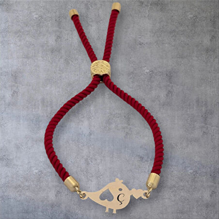 Ç Harfine Özel Örgü İpli Kuş Motifli 14 Ayar Altın Plakalı Hediye Bileklik-363harf-kırmızı