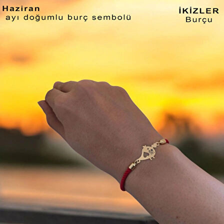 İkizler Burçlarına Örgü İpli Kuş Motifli 14 Ayar Altın Plakalı Hediye Bileklik-363burç-kırmızı