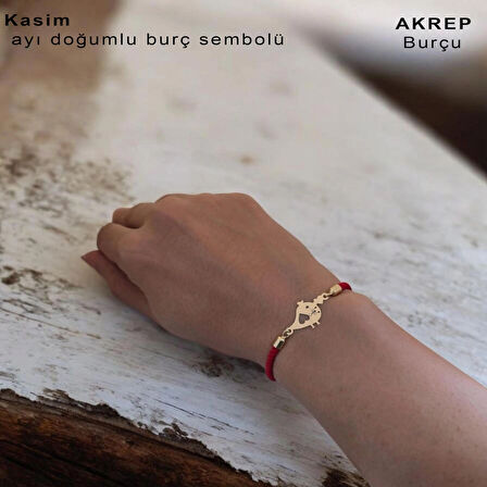 Akrep Burçlarına Özel 14 Ayar Altın Plakalı Örgü İpli Kuş Motifli Hediye Bileklik-363burç-kırmızı