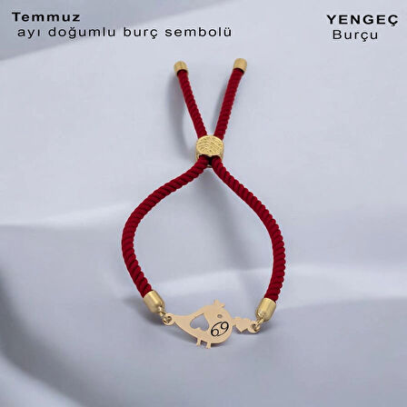 Temmuz Ayı Doğumlarına Özel Kuş Motifli 14 Ayar Altın Plakalı Örgülü Hediye Bileklik-363ay-kırmızı
