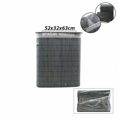 100 Litre Bambu Kirli Çamaşır Sepeti 2 Bölmeli Modern Tasarım Çamaşır Sepeti Beyaz Renkli Ayrı