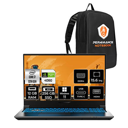 Erazer Deputy P60i Intel Core i7 13620H 12GB 256GB SSD RTX4060/8GB 15.6" FHD 144Hz W11H Taşınabilir Bilgisayar & PER4 Çanta