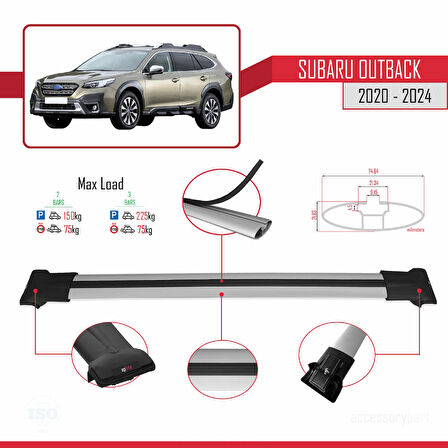 Subaru Outback 2020-2024 Arası ile Uyumlu FLY Model Ara Atkı Tavan Barı Gri 2 Adet