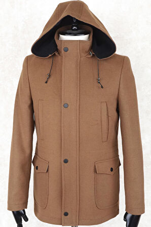 JANCARLUCCİ  Erkek Dizüstü Slimfit Çıkarılabilir  Kapüşonlu Torba Cep Fermuarlı Astarlı  Kaşe Kaban 