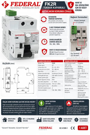FEDERAL FK2R 2x40A 30mA 10kA Ac Kaçak Akım Rolesi Otomatik Kaldırma Yeniden Başlatma Kurma Ünitesi (220 Volt Kaçak Akım ve Kurma Ünitesi Dahil)