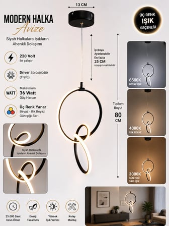 DMR Ahenk Halka Sarkıt Led Avize SİYAH Kasa Üç Renk 6500k/4000k/3000k (Beyaz /Ilık Beyaz/Sarı (Günışığı)