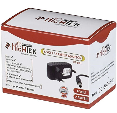 HİGHTEK 6V 2A Plastik Kasa Fişli Adaptör Akü Şarj Aleti 5.5x2.5mm Jaklı 2000mA (6Volt 2Amper)