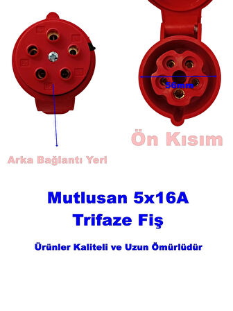 MUTLUSAN 5x16A CEE Norm Trifaze Seyyar Uzatma Prizi 3P+T IP44 (MUT-102 380v Volt Trifaze Sanayi Tip Dişi Fiş)