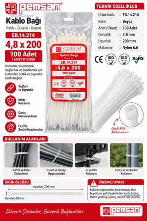 PEMSAN Klips Kablo Bağı 4.8x200 BEYAZ (100lü Paket) Kablo Cırdı
