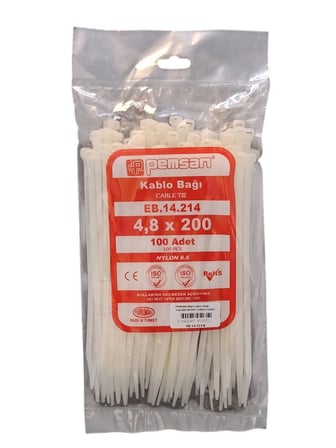 PEMSAN Klips Kablo Bağı 4.8x200 BEYAZ (100lü Paket) Kablo Cırdı
