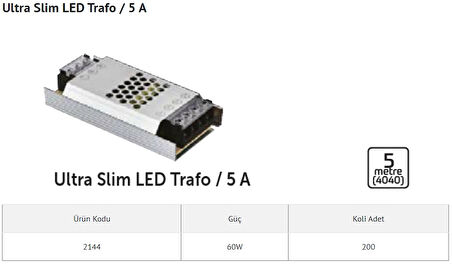 İNOLED SÜPER SLİM 12V 5A LED TRAFOSU 60W (5 MT)