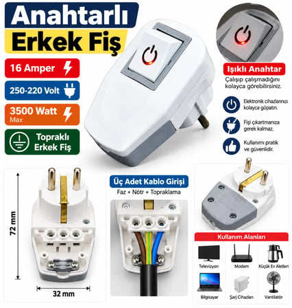 DEPA Erkek Anahtarlı Topraklı Fiş Işıklı Anahtarlı Beyaz 220 Volt (Kolay Bağlantı)