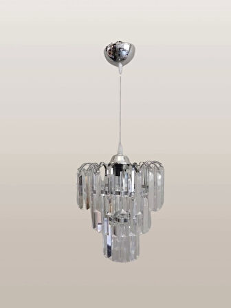 DMR Üç Katlı Fiskiyeli Düz Kristal Taşlı KROM Yuvarlak Tekli Avize E-27 Duylu