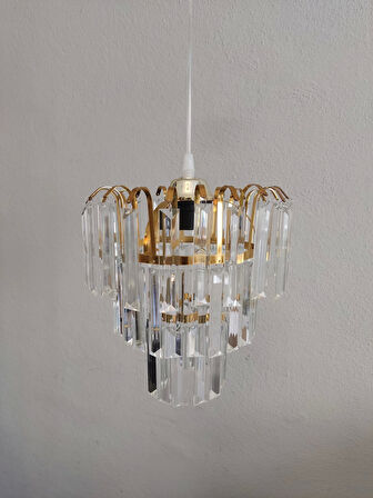 DMR Üç Katlı Fiskiyeli Düz Kristal Taşlı ALTIN (Gold) Yuvarlak Tekli Avize E-27 Duylu