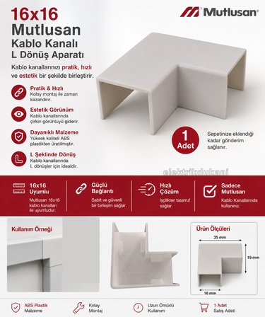 MUTLUSAN 16x16 Kablo Kanalı 90 L Köşe Dönüş Ek Parçası Plastik Beyaz