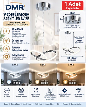DMR Yörünge Sarkıt Led Avize KROM Kasa 35w 220 Volt Üç Renk 6500k/4000k/3000k (Beyaz /Ilık Beyaz/Sarı (Günışığı)