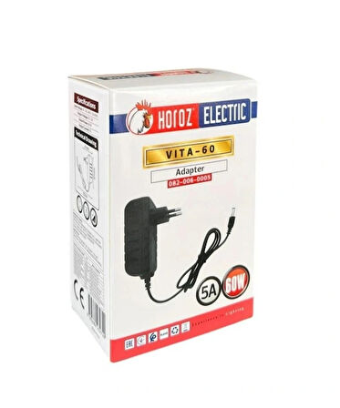 HOROZ VITA-60 12v 5A Fişli Adaptör Plastik Kasa 60w IP44 5.5x2.5mm Jaklı (12 Volt 5 Amper)