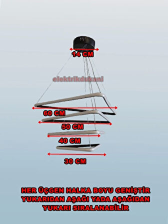 DMR 4 Katlı Üçgen Sarkıt Led Avize SİYAH Kasa Üç Renk 6500k/4000k/3000k (Beyaz /Ilık Beyaz/Sarı (Günışığı))