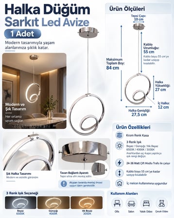DMR Halka Düğüm Sarkıt Led Avize KROM Kasa 30w 220 Volt Üç Renk 6500k/4000k/3000k (Beyaz /Ilık Beyaz/Sarı (Günışığı)