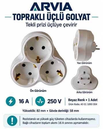 ARVİA Topraklı Üçlü Golyat BEYAZ 3lü Yonca Fiş Priz 16 Amper 220 Volt IP20)