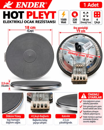 ENDER Hot Pleyt 18cm 1500w 220 Volt 4 Çıkışlı Vidalı Playt Ocak Rezistansı