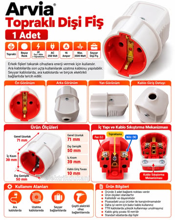 ARVİA Topraklı DİŞİ Fiş BEYAZ Tekli Seyyar Uzatma 16 Amper 220 Volt IP20)