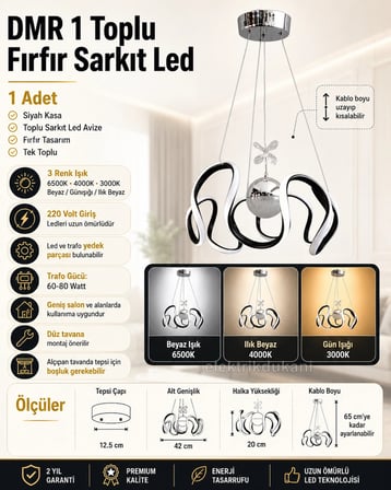 DMR 1 Toplu FIRFIR Sarkıt Led Avize SİYAH Kasa Üç Renk 6500k/4000k/3000k (Beyaz /Sarı/Ilık Beyaz (Günışığı))