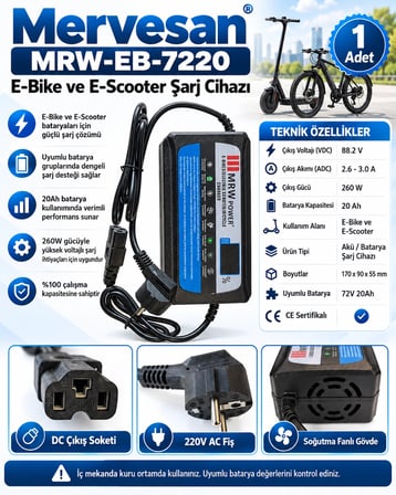 MRW Power 72v 20A Elektrikli Motor Bisiklet Şarj Cihazı Aleti Adaptörü Fanlı T-Tipi (T Kafalı) 72 Volt 20 Amper IP20 Dijital Göstergeli Kısadevre Korumalı