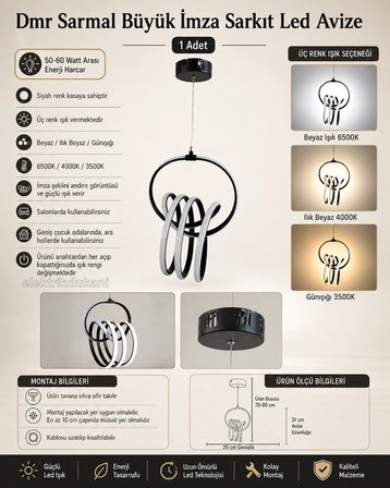 DMR Sarmal Büyük İmza Sarkıt Led Avize SİYAH Kasa 50w 220 Volt Üç Renk 6500k/4000k/3000k (Beyaz /Ilık Beyaz/Sarı (Günışığı)