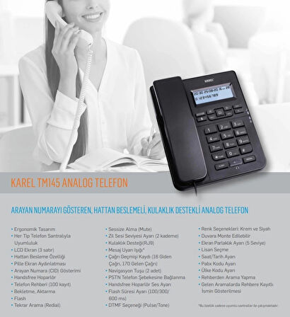 KAREL Masa Üstü Kablolu Ahizeli Hafızalı Ekranlı Telefon SİYAH (Arayan Numarayı Gösterme Özelliği)