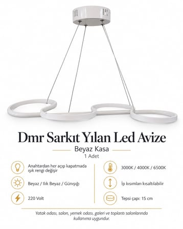 DMR Sarkıt YILAN Led Avize BEYAZ Kasa 45w Üç Renk 6500k/4000k/3000k (Beyaz /Sarı/Ilık Beyaz (Günışığı))