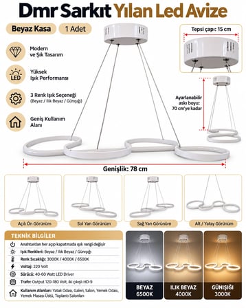 DMR Sarkıt YILAN Led Avize BEYAZ Kasa 45w Üç Renk 6500k/4000k/3000k (Beyaz /Sarı/Ilık Beyaz (Günışığı))