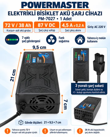 POWERMASTER 72v 38A Elektrikli Motor Bisiklet Şarj Cihazı Aleti Adaptörü Fanlı T-Tipi (T Kafalı) 72 Volt 38 Amper IP20 Göstergeli Kısadevre Korumalı E-Bike Battery
