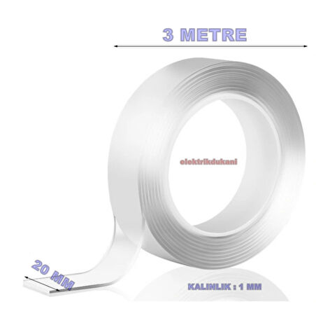 Nano Teknoloji Süper Yapıştırıcı Çift Taraflı Şeffaf Bant 1mm x 20mm x 3metre